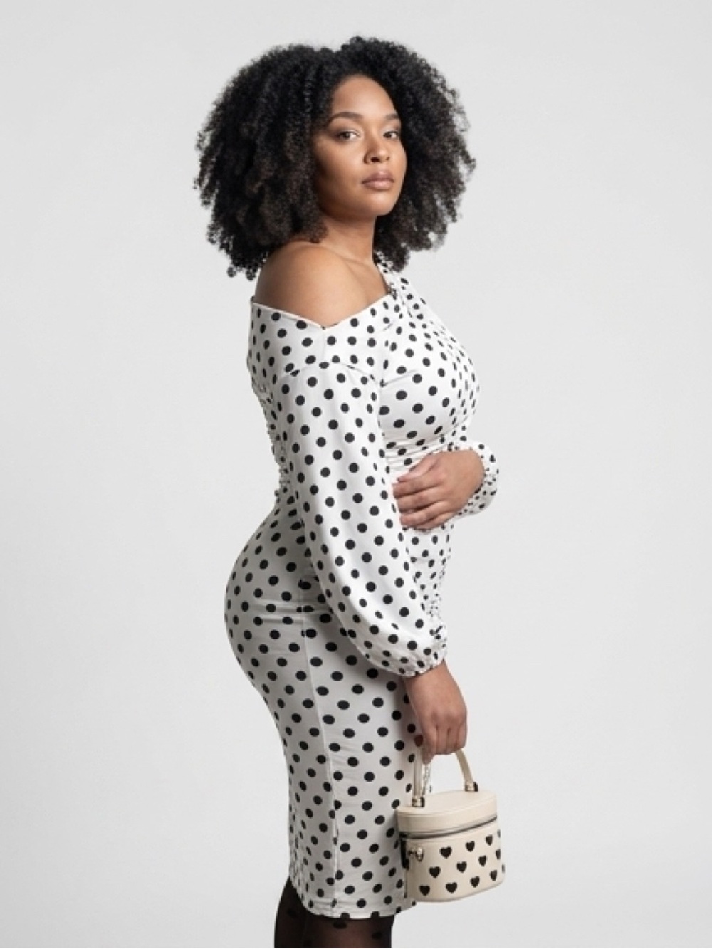 Off-Shoulder Black Polka Dot Midi Dress - White/Black